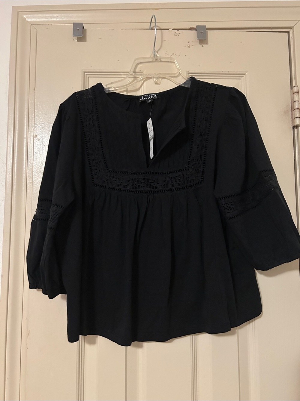 J. Crew Black Lace-Trim Peasant Top